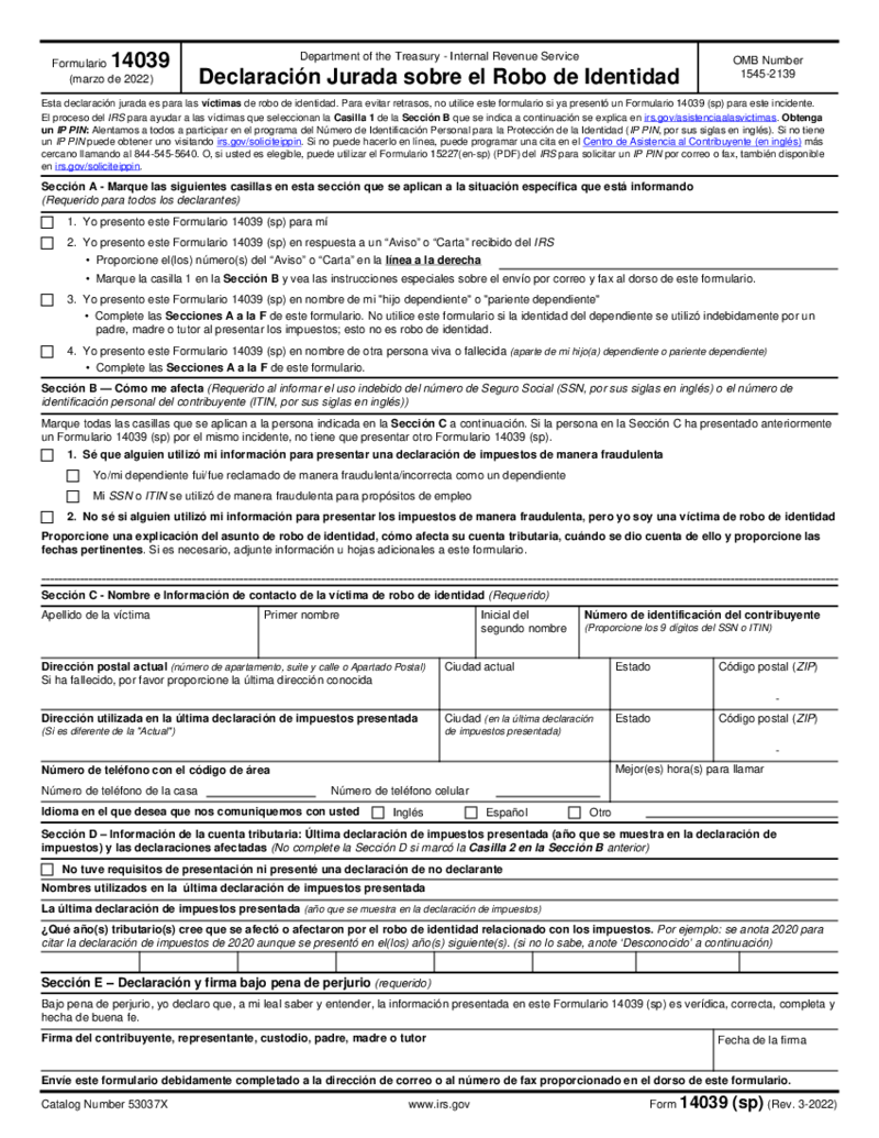Form 14039 (sp), Identity Theft Affidavit (Spanish version)