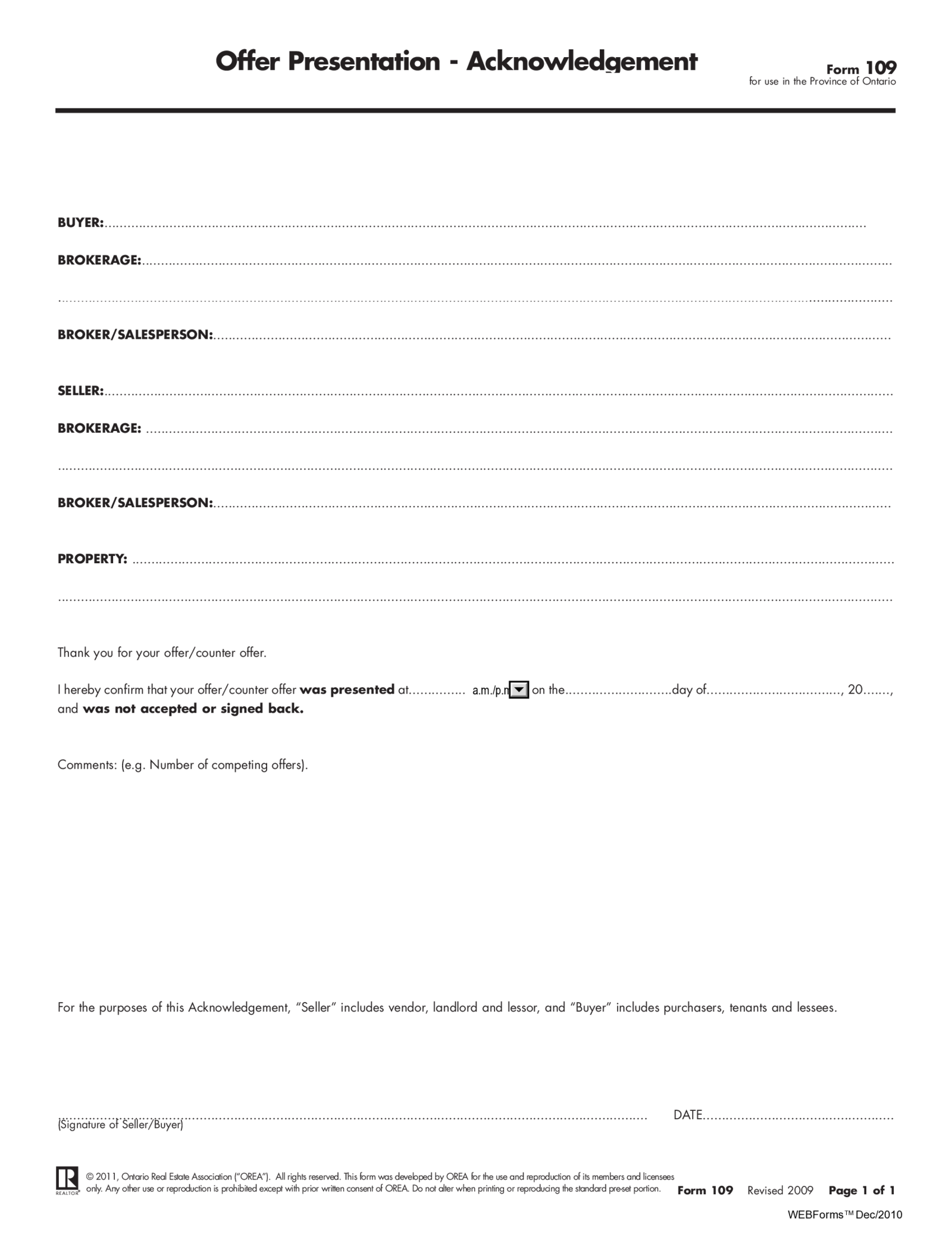 Form 109, Offer Conveyance, Acknowledgement - Thumbnail