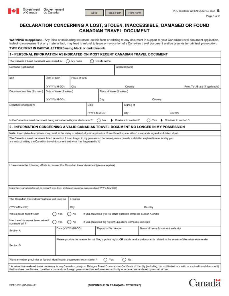 PPTC 203 E - Declaration Concerning a Lost Canadian Travel Document