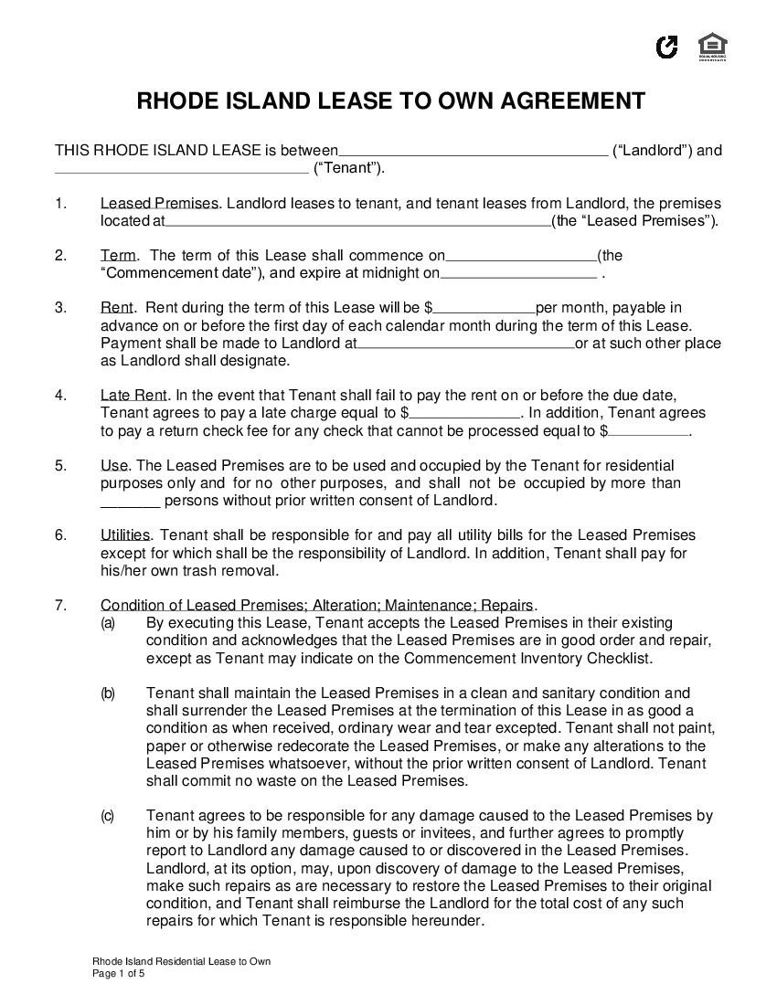 Rhode Island Lease to Own Agreement