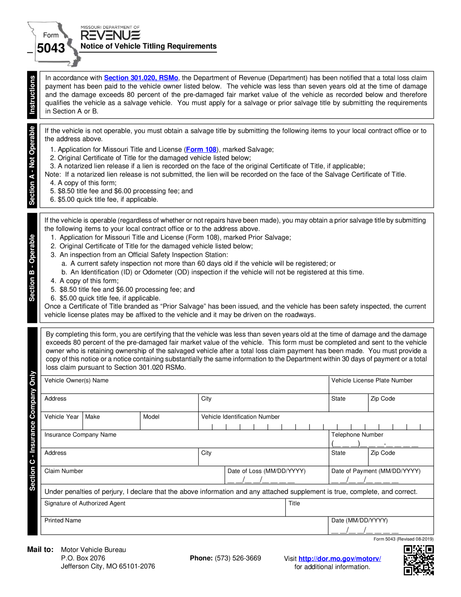 Fillable Form 5043 - Notice of Vehicle Titling Requirements - Thumbnail