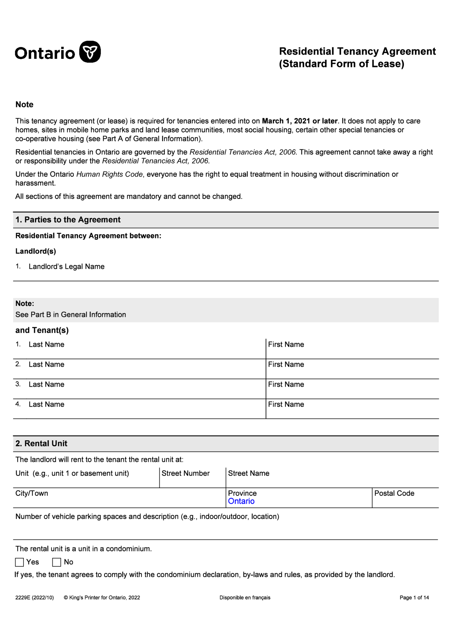 Ontario Standard Lease Agreement - Thumbnail