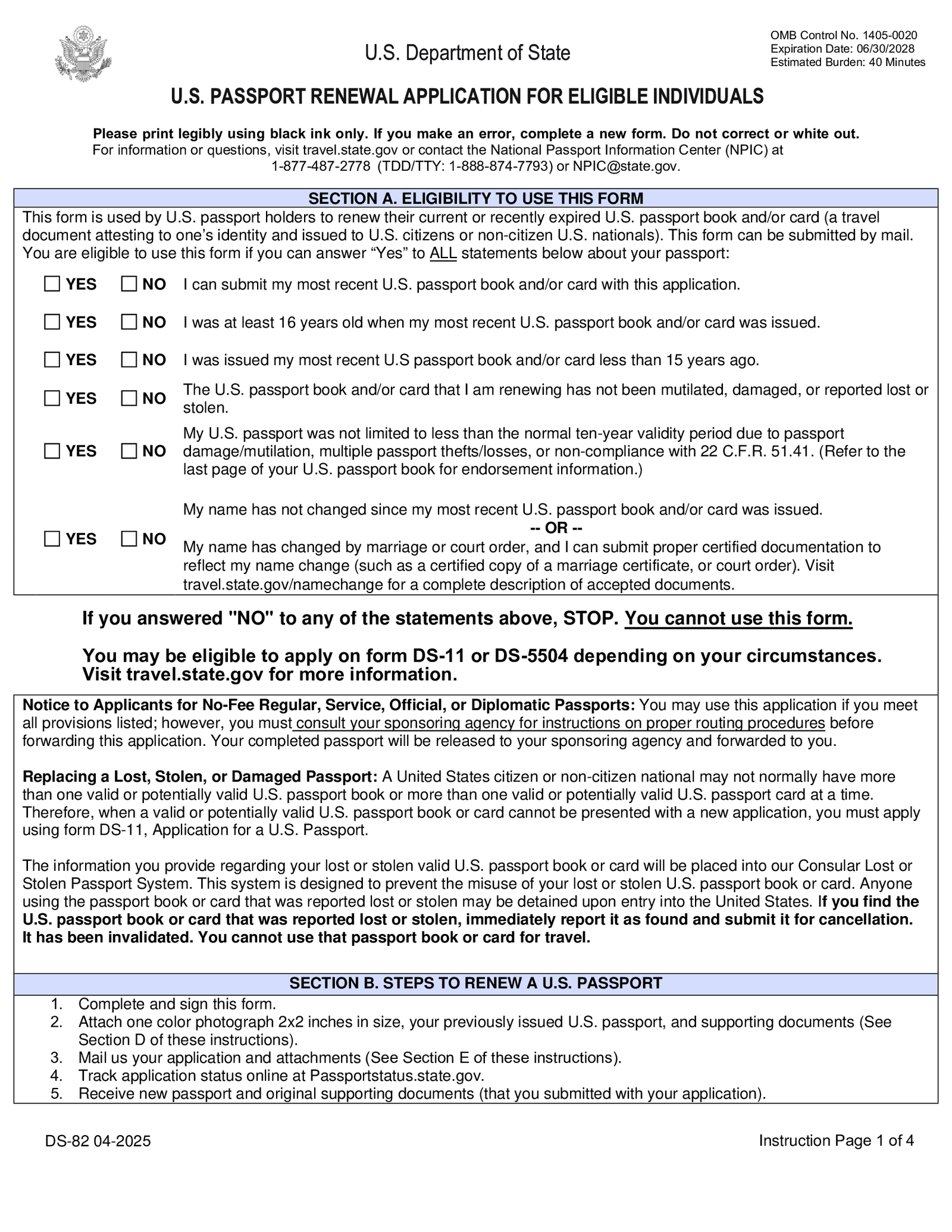 Form DS-82, U.S. Passport Renewal Application for Eligible Individuals - Thumbnail