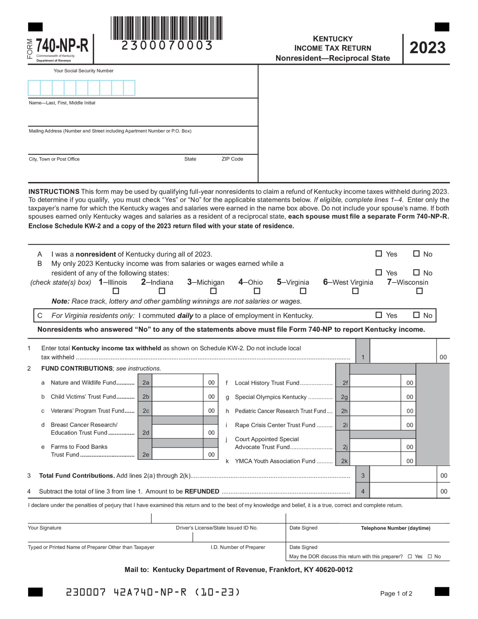 Kentucky Form 740-NP-R - Thumbnail