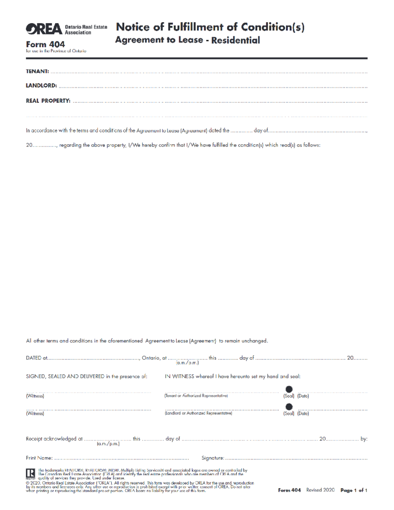 Form 404, Notice of Fulfillment of Condition(s) - Agreement to Lease - Residential