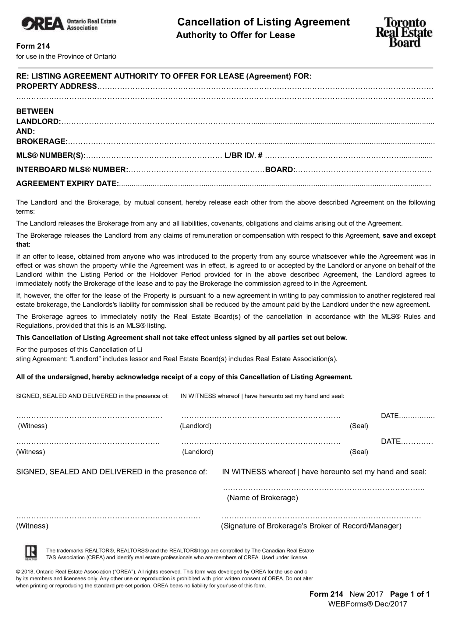 Form 214, Cancellation of Listing Agreement - Authority to Offer for Lease - Thumbnail