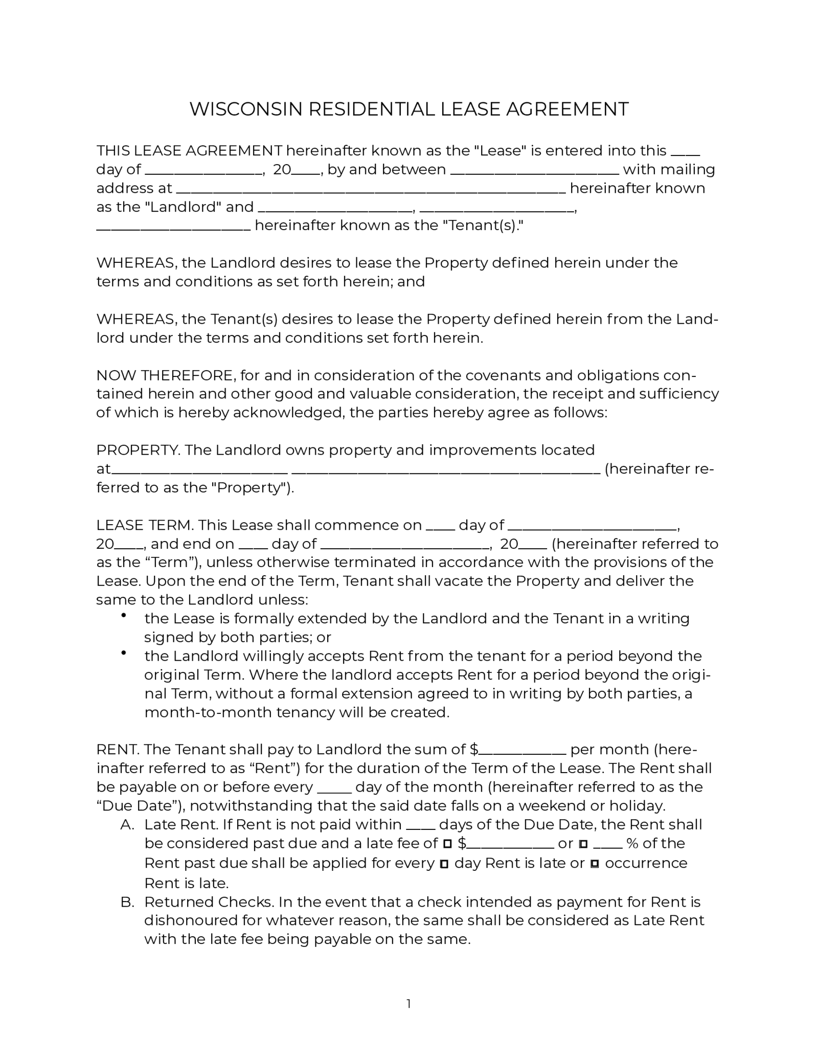 Wisconsin Residential Lease Agreement - Thumbnail