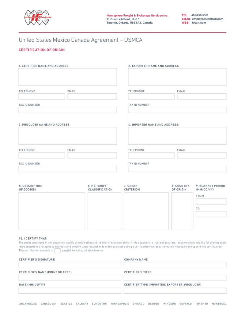 Certification of Origin CUSMA