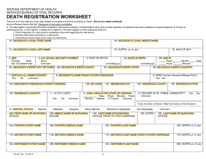 Arizona Death Registration Worksheet