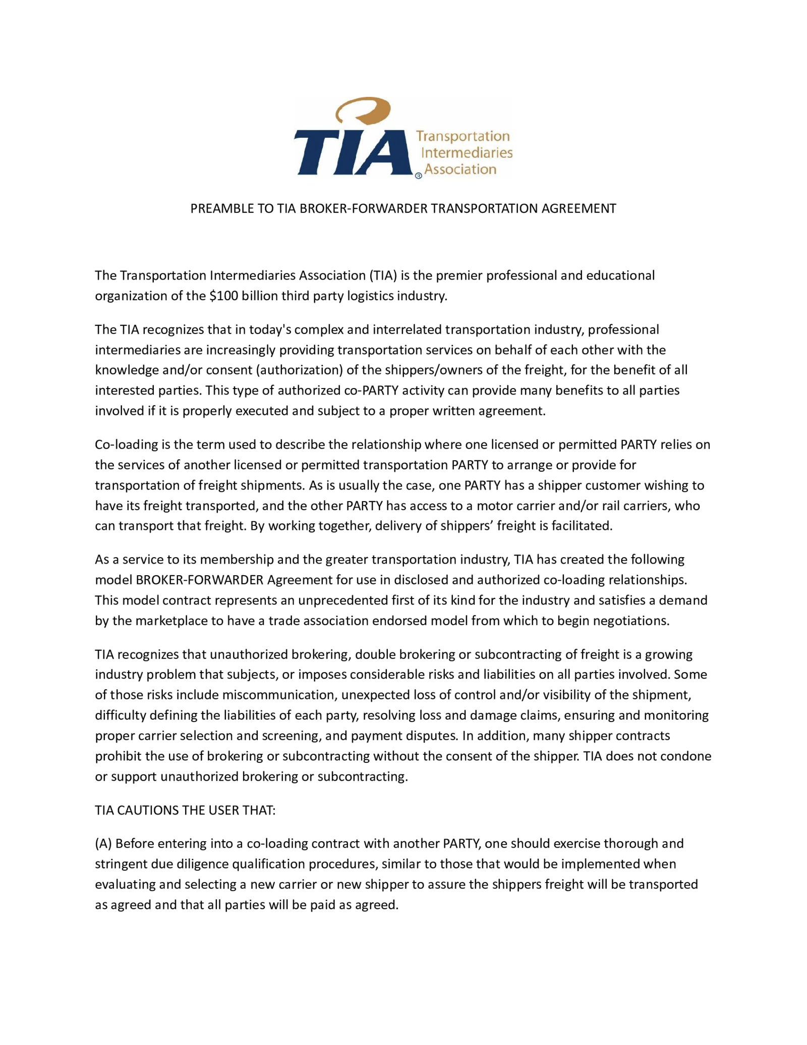 TIA Broker Forwarder Transaction Agreement - Thumbnail