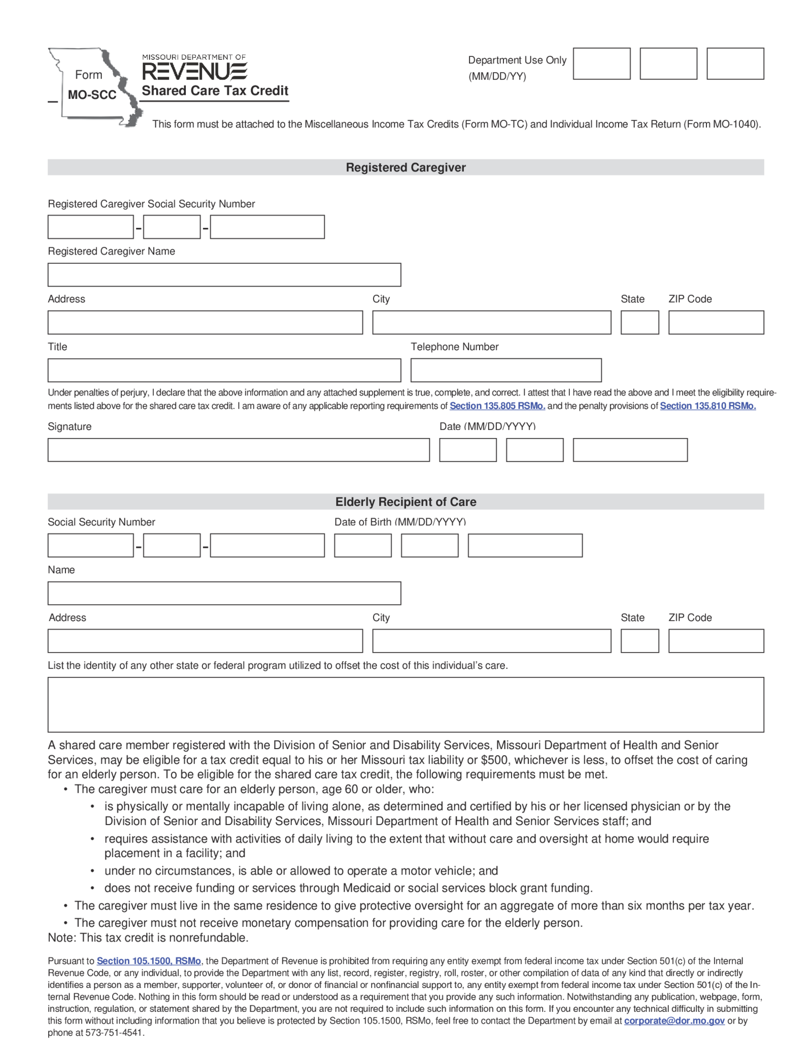 Form MO-SCC - Shared Care Tax Credit - Thumbnail