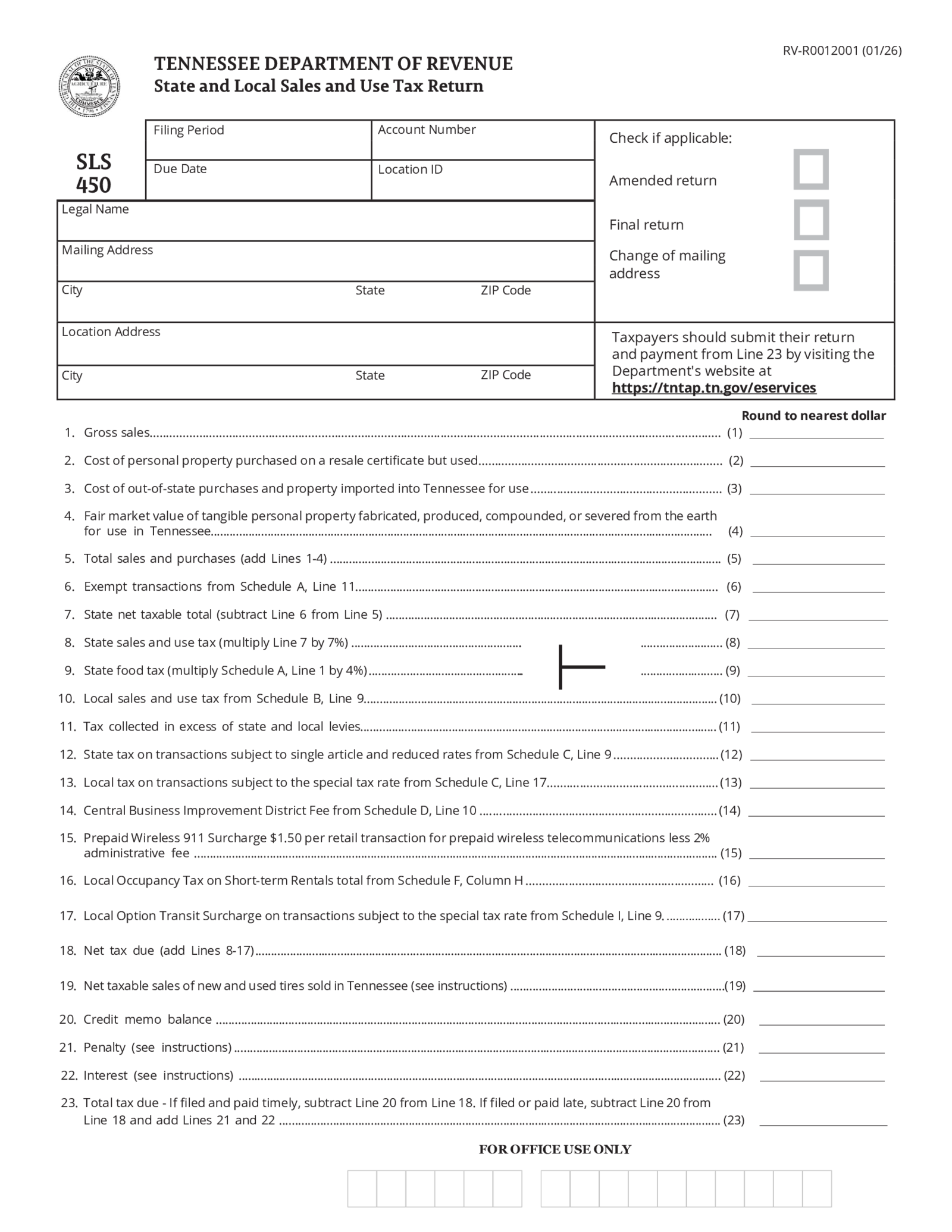 State and Local Sales and Use Tax Return (Form SLS 450) - Thumbnail