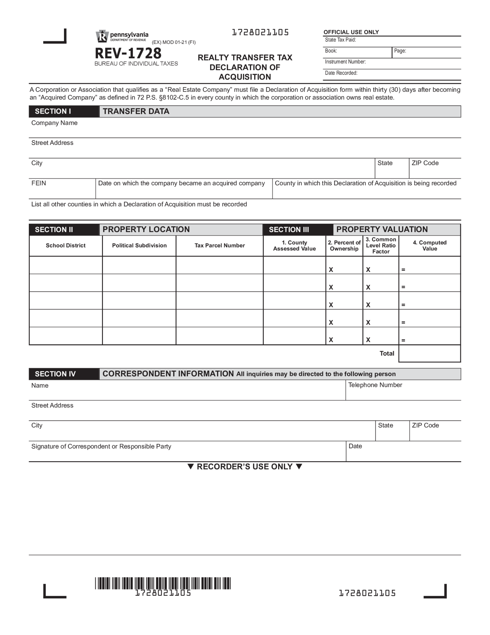 REV-1728 - Realty Transfer Tax Declaration of Acquisition - Thumbnail