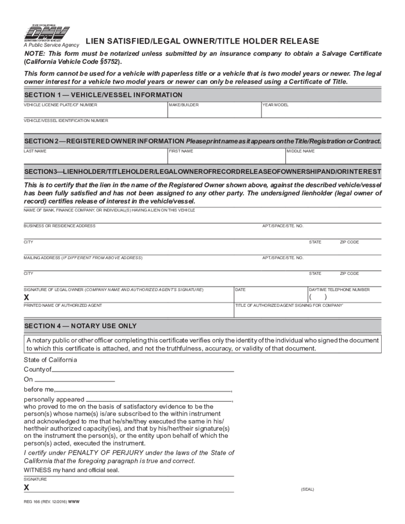 Lien Satisfied, Title Holder Release (REG 166)