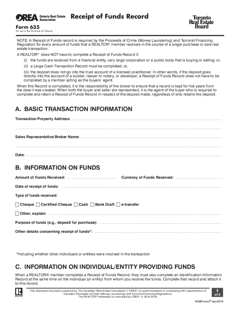 Form 635, Receipt of Funds Record