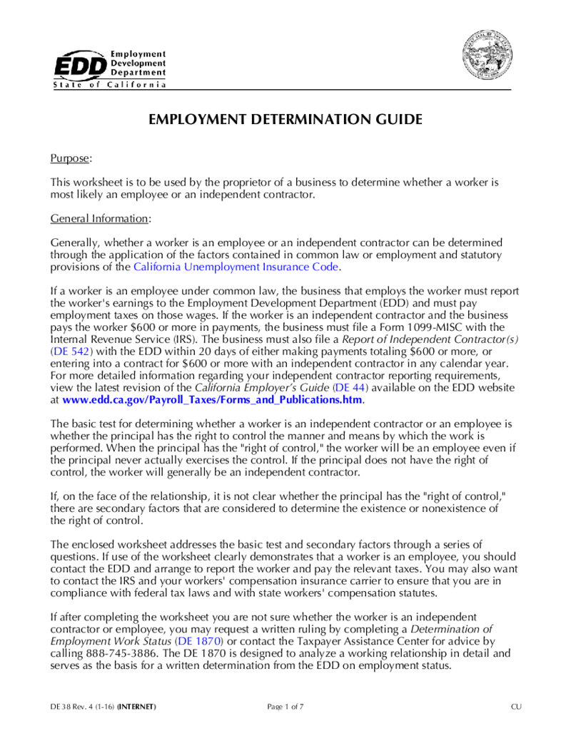 DE 38 - Employment Determination Guide