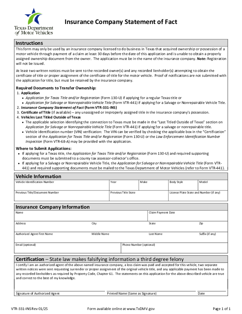 Insurance Company Statement of Fact - Form VTR-331 INS