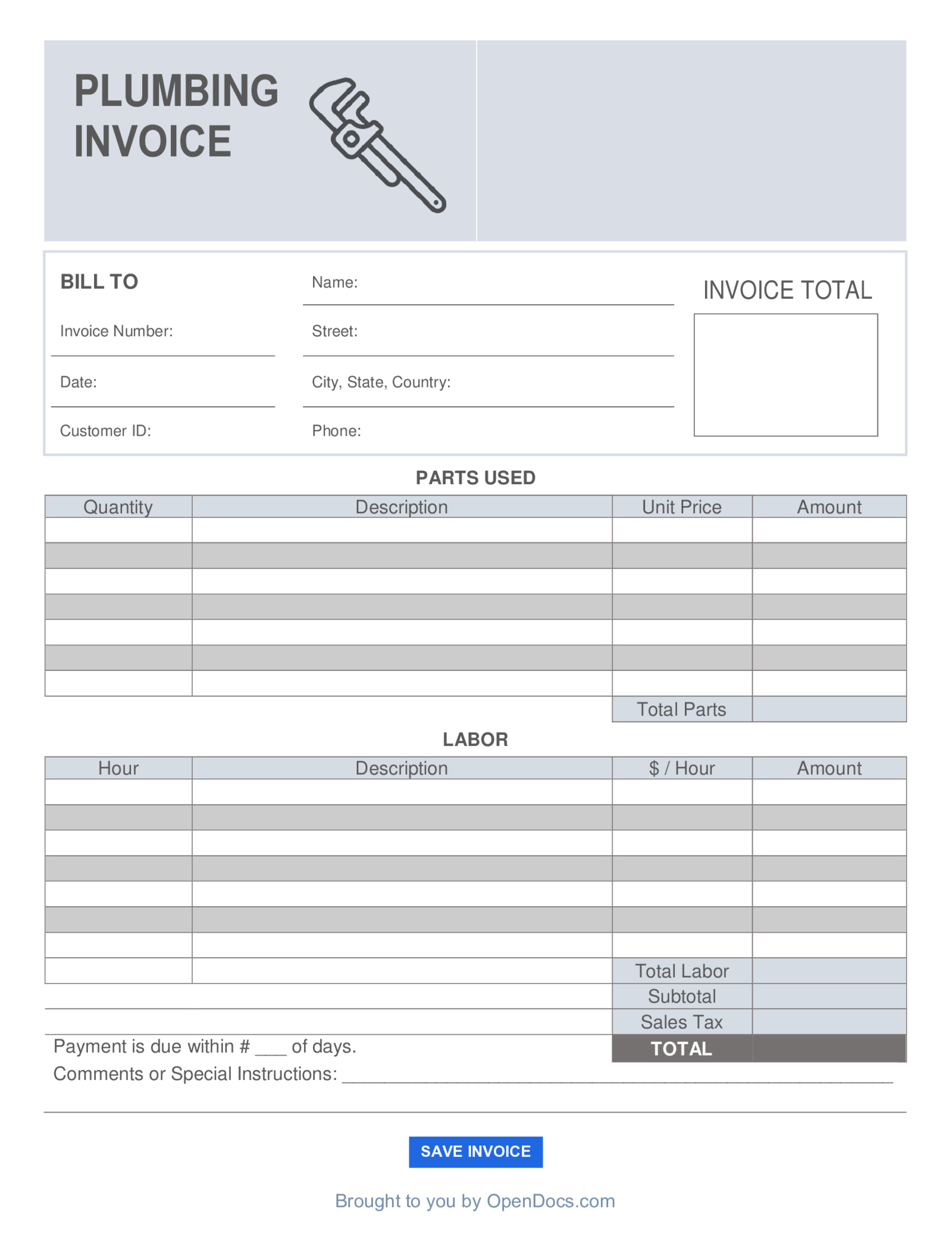 Fillable Plumbing Invoice Template - Thumbnail