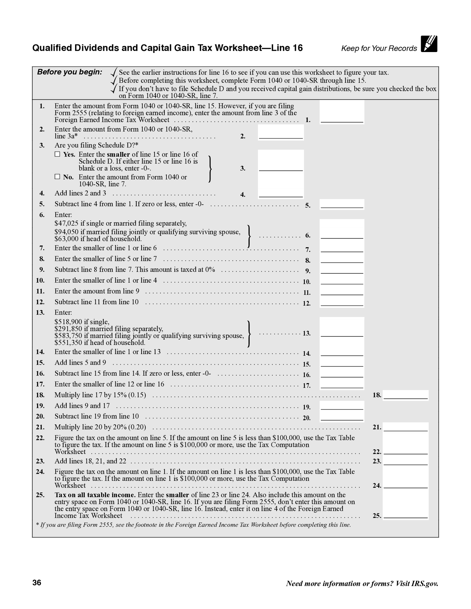 Qualified Dividends and Capital Gain Tax Worksheet - line 16 - Thumbnail