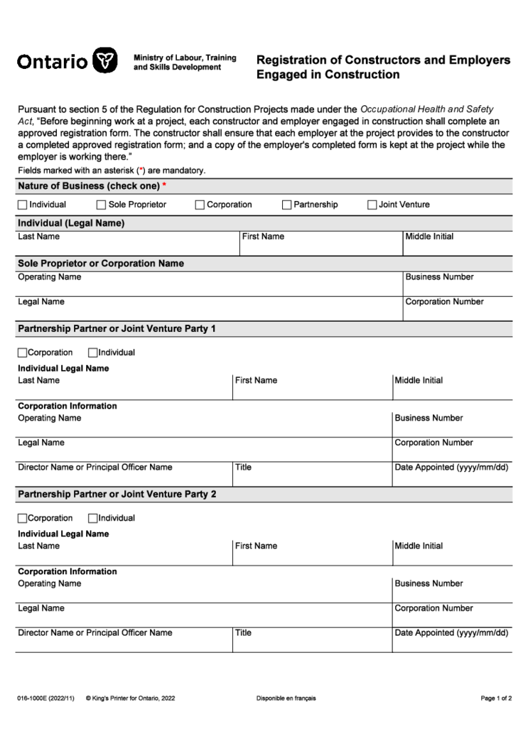 Form 1000, Ontario