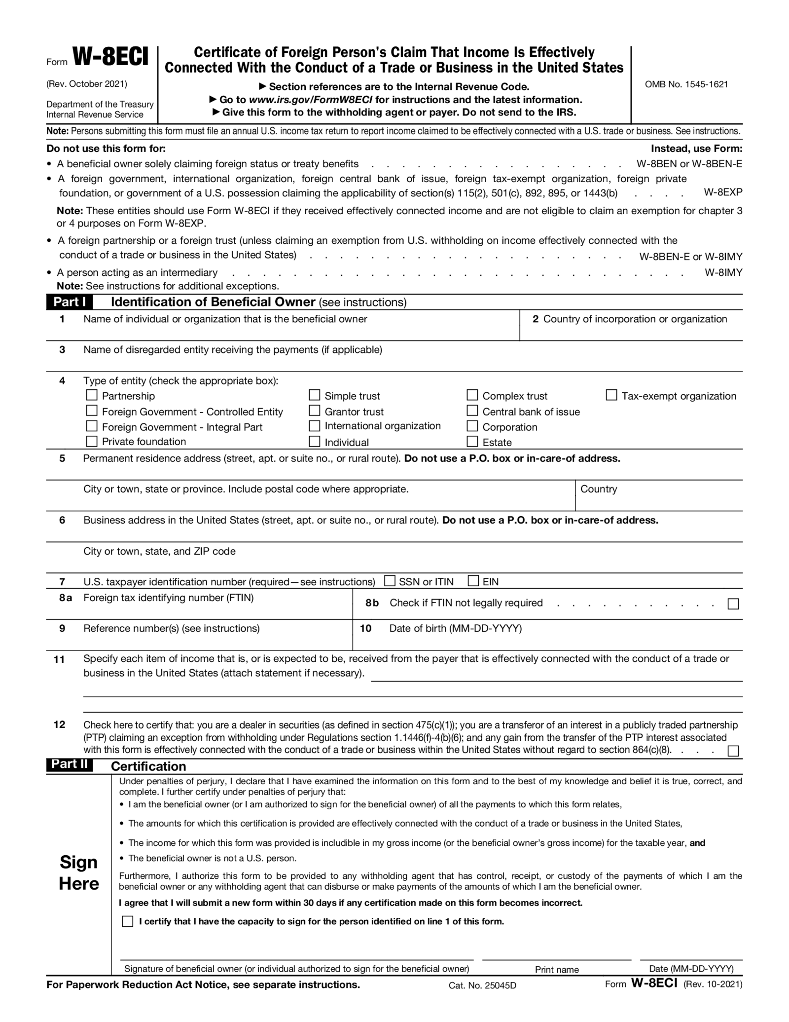 Form W-8ECI - Thumbnail