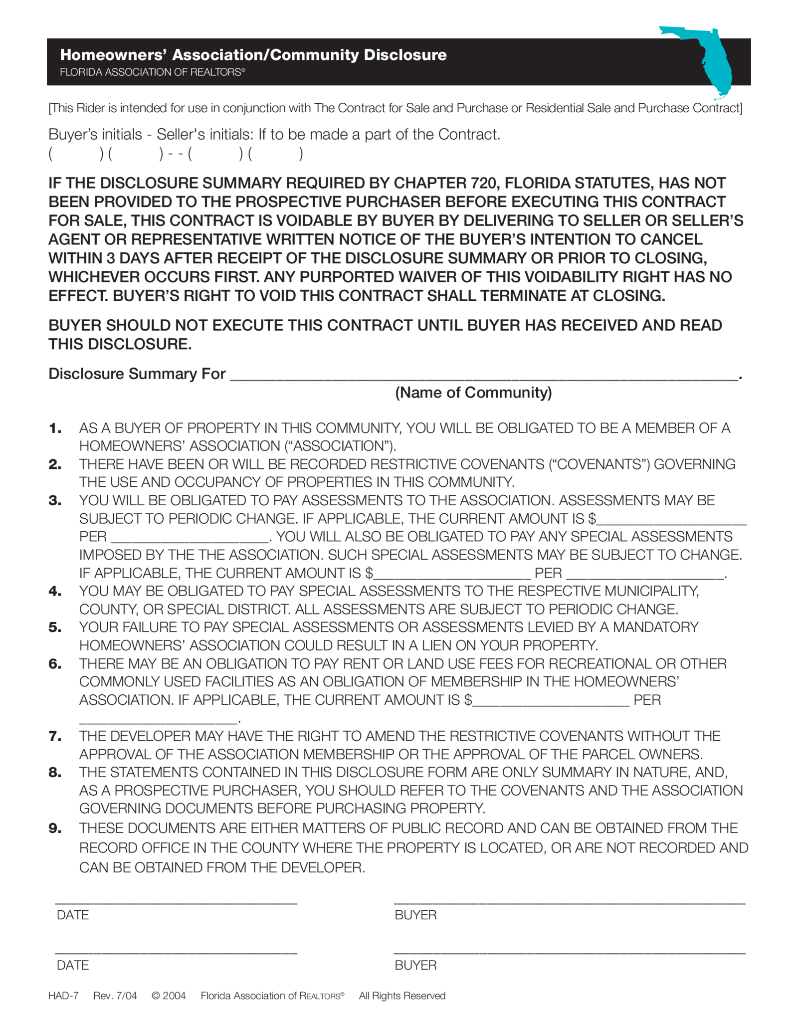  Homeowners Association Disclosure Summary - Thumbnail