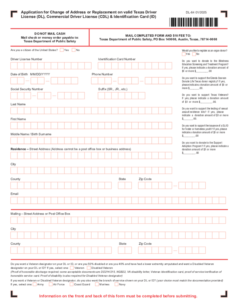 Texas Address Change Form - DL-64