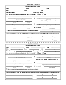 Texas Motor Vehicle Bill of Sale - Thumbnail