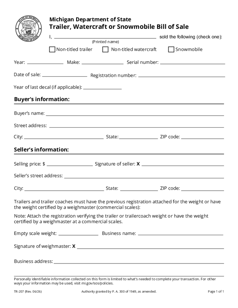 Michigan Bill of Sale Form - TR-207