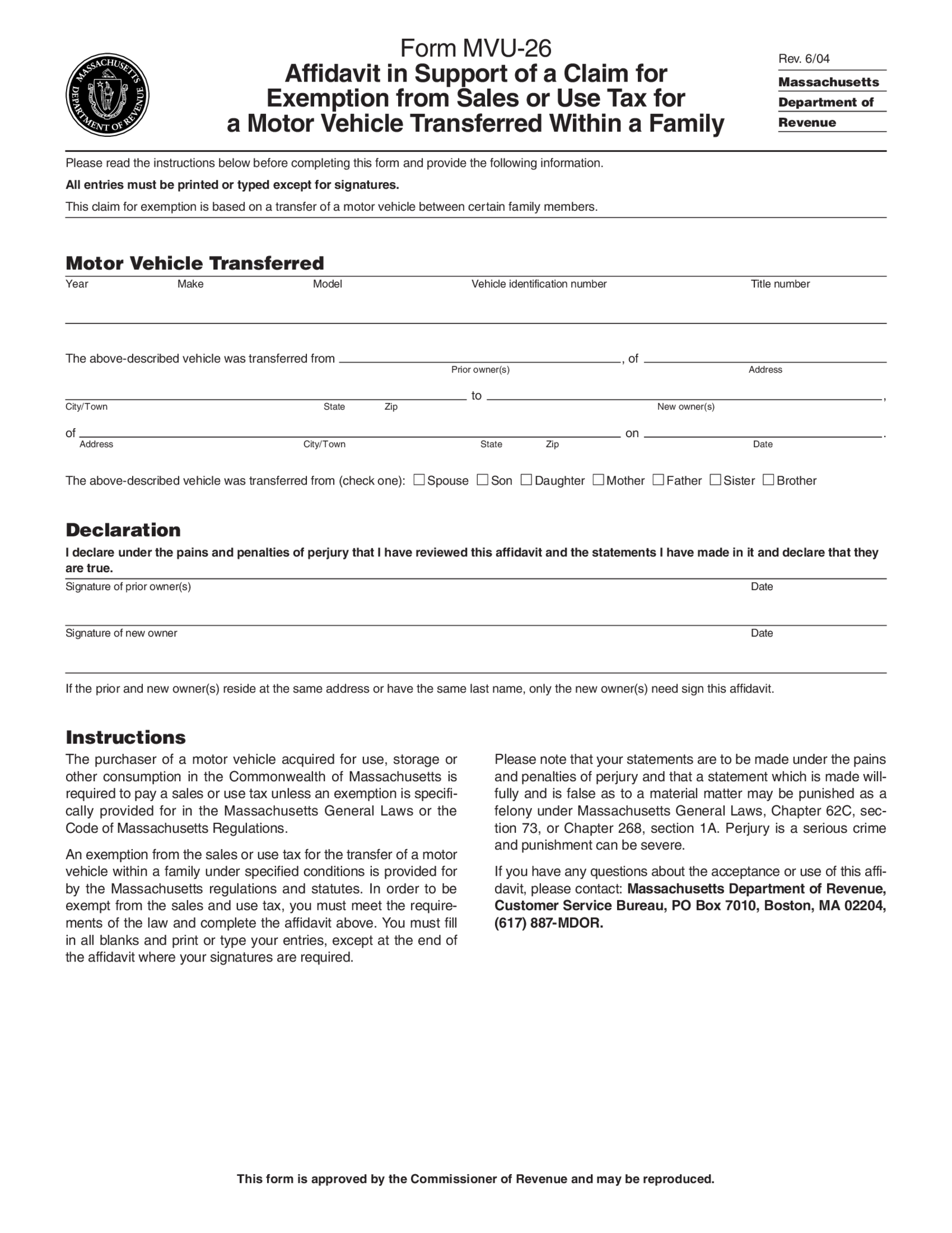 Fillable Form MVU-26 Affidavit in Support of a Claim - Thumbnail