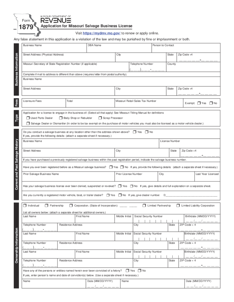 Form 1879 - Application for Missouri Salvage Business License