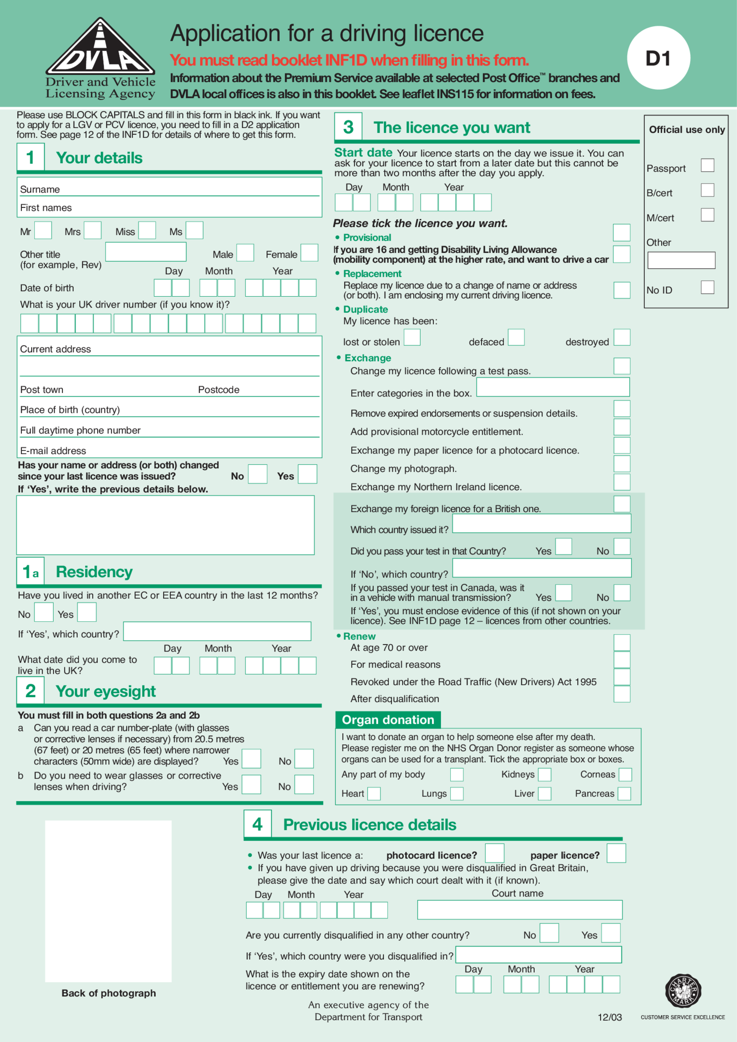 DVLA D1 Form Example - Thumbnail