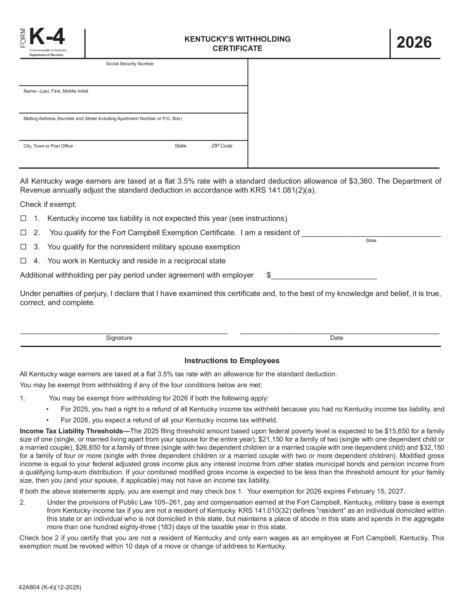 Kentucky Withholding Certificate - Form K-4 - Thumbnail