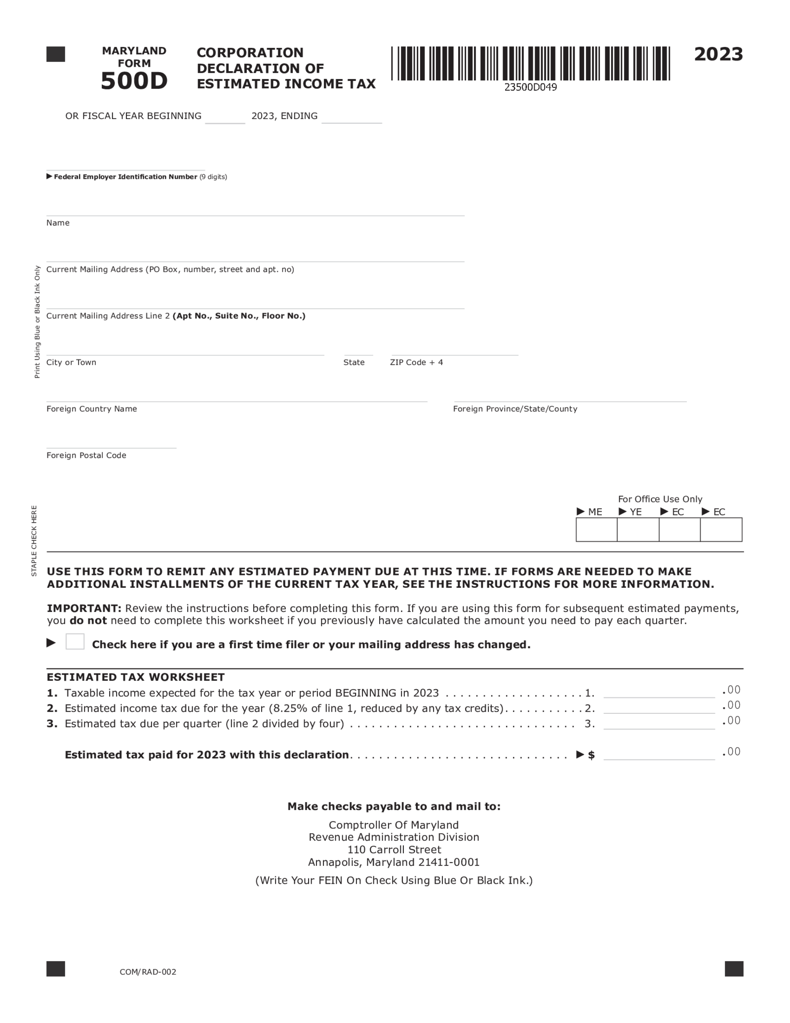 Form 500D Declaration of Estimated Corporation Income Tax - Thumbnail