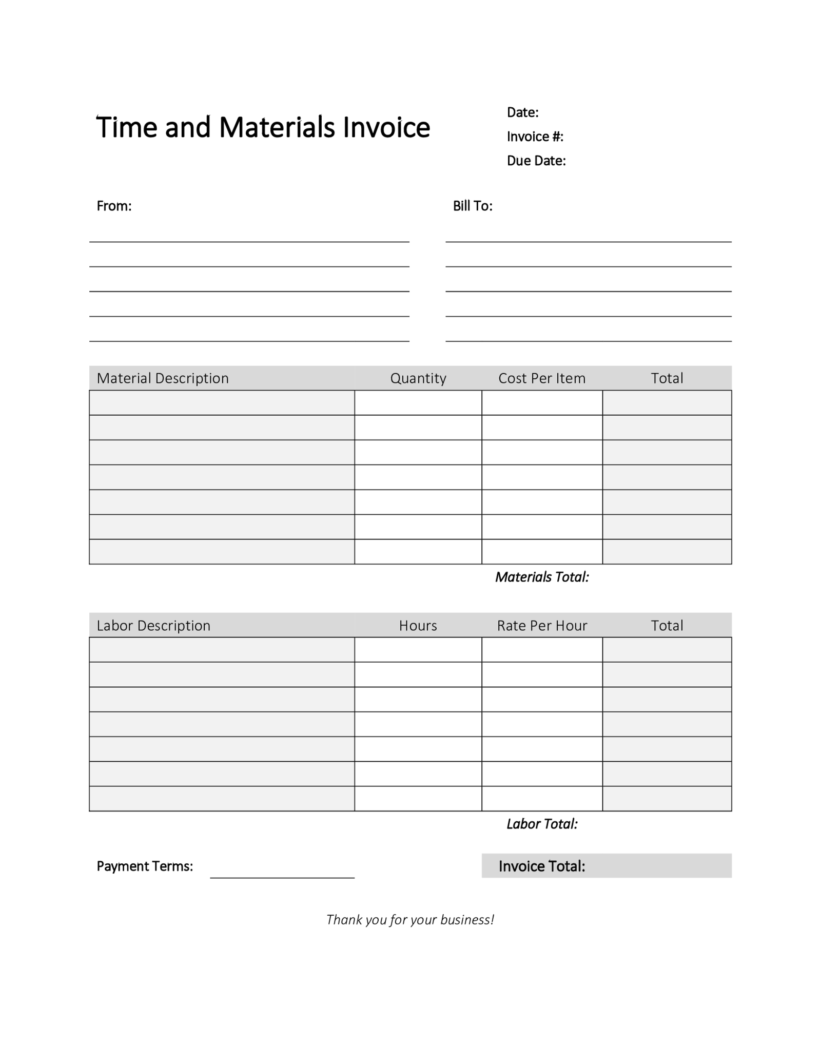 Fillable Time and Materials Invoice - Thumbnail