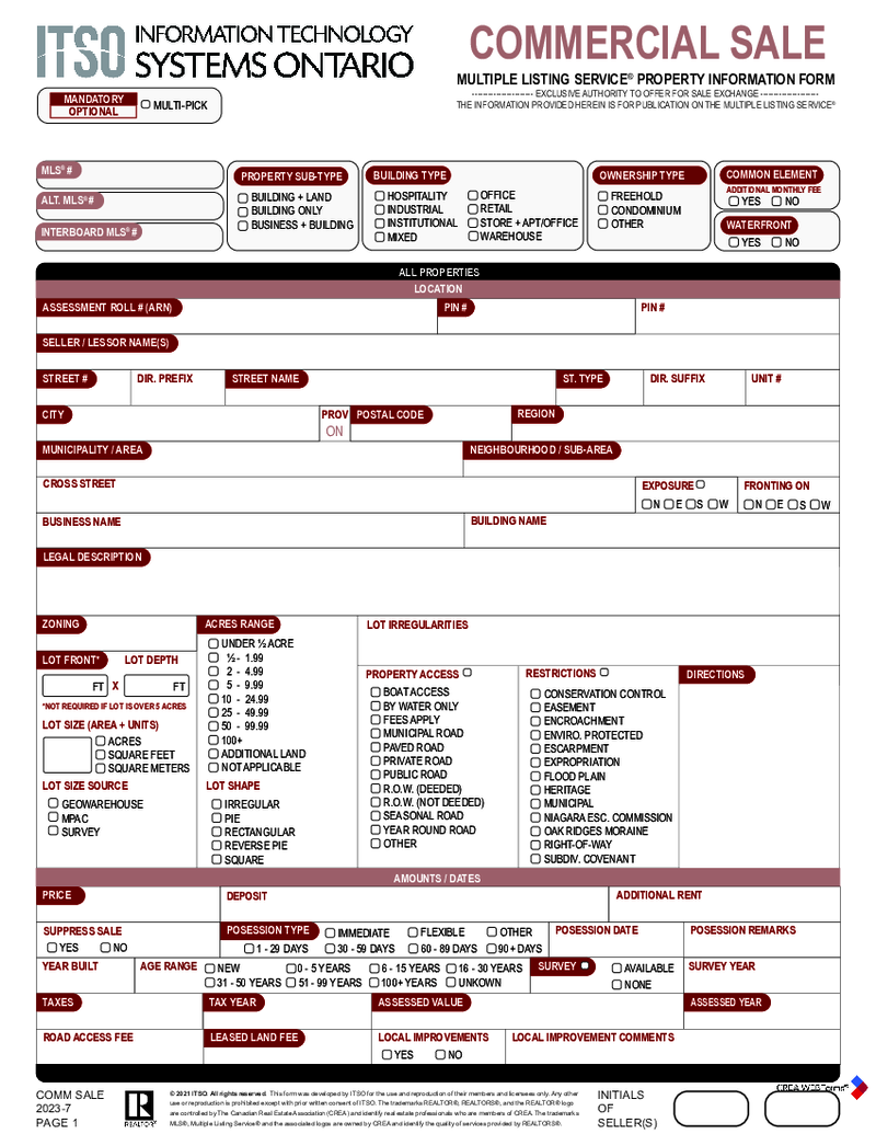 MLS Property Information Form - Commercial Sale