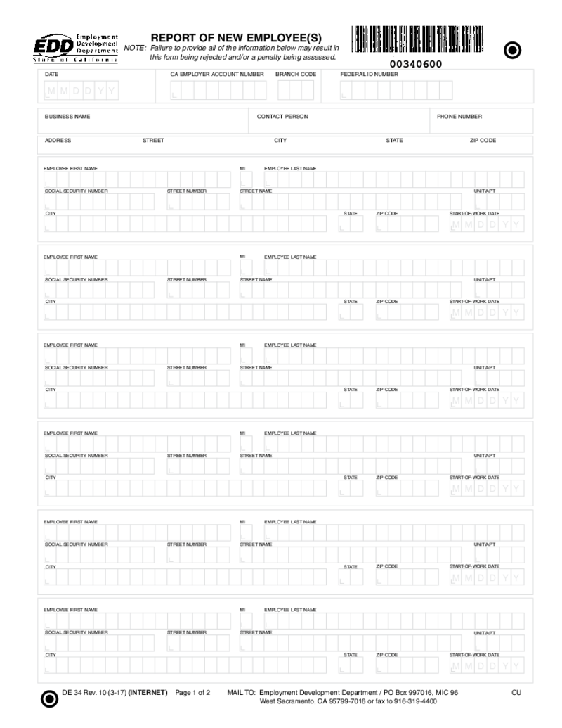 DE 34 - Report of New Employee(s)