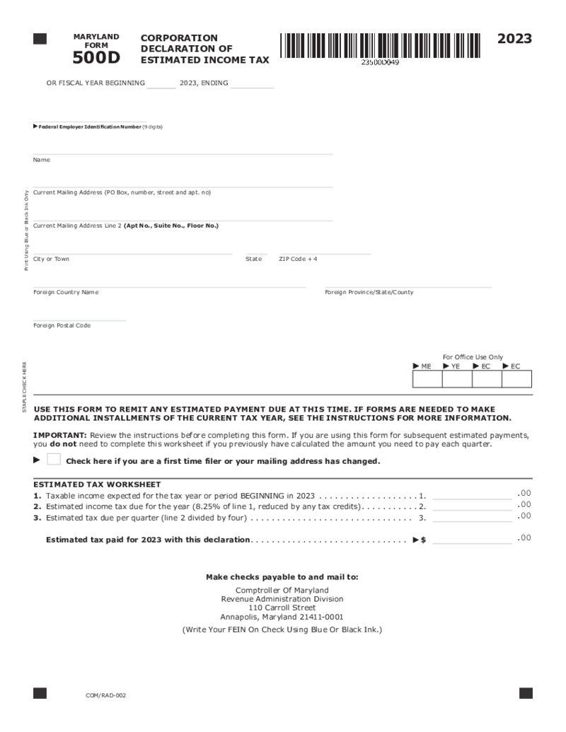 Form 500D Declaration of Estimated Corporation Income Tax