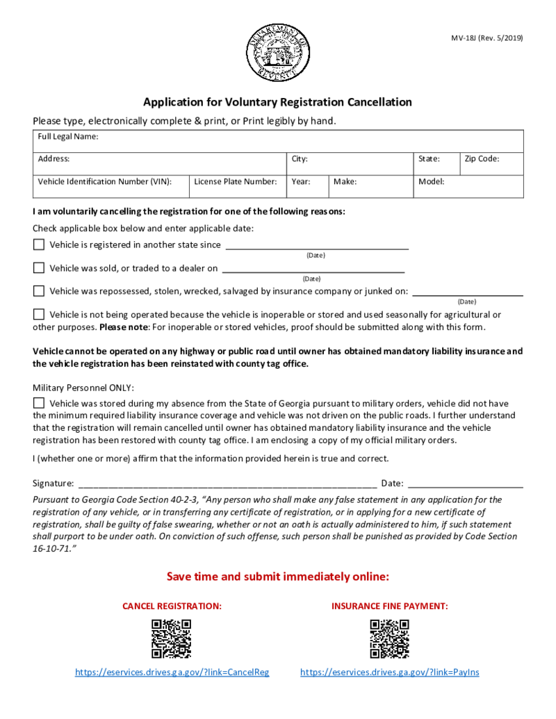 Application for Voluntary Registration Cancellation, MV-18J