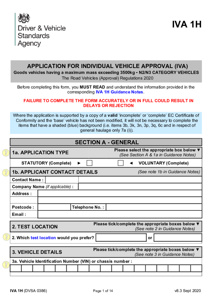 IVA Application Form 1H - Lorries or Goods Vehicles (over 3 500kg)