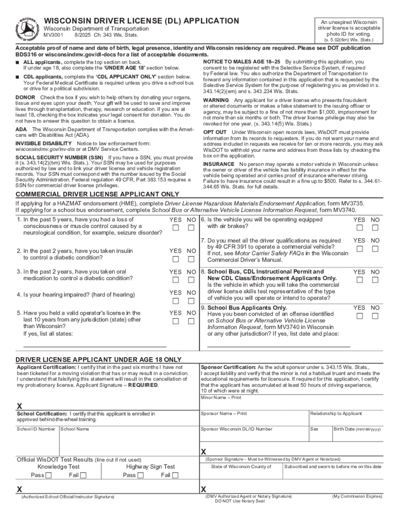 Form MV3001 - Wisconsin Driver License Application