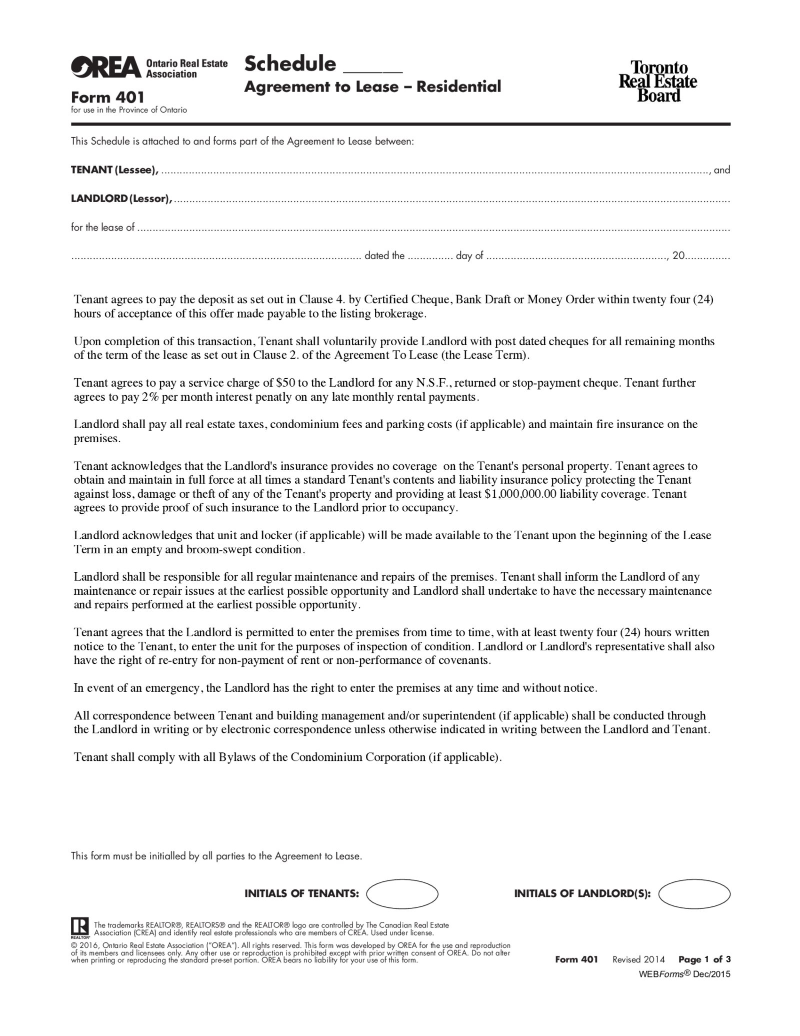 OREA Form 401, Agreement to Lease - Residential - Thumbnail