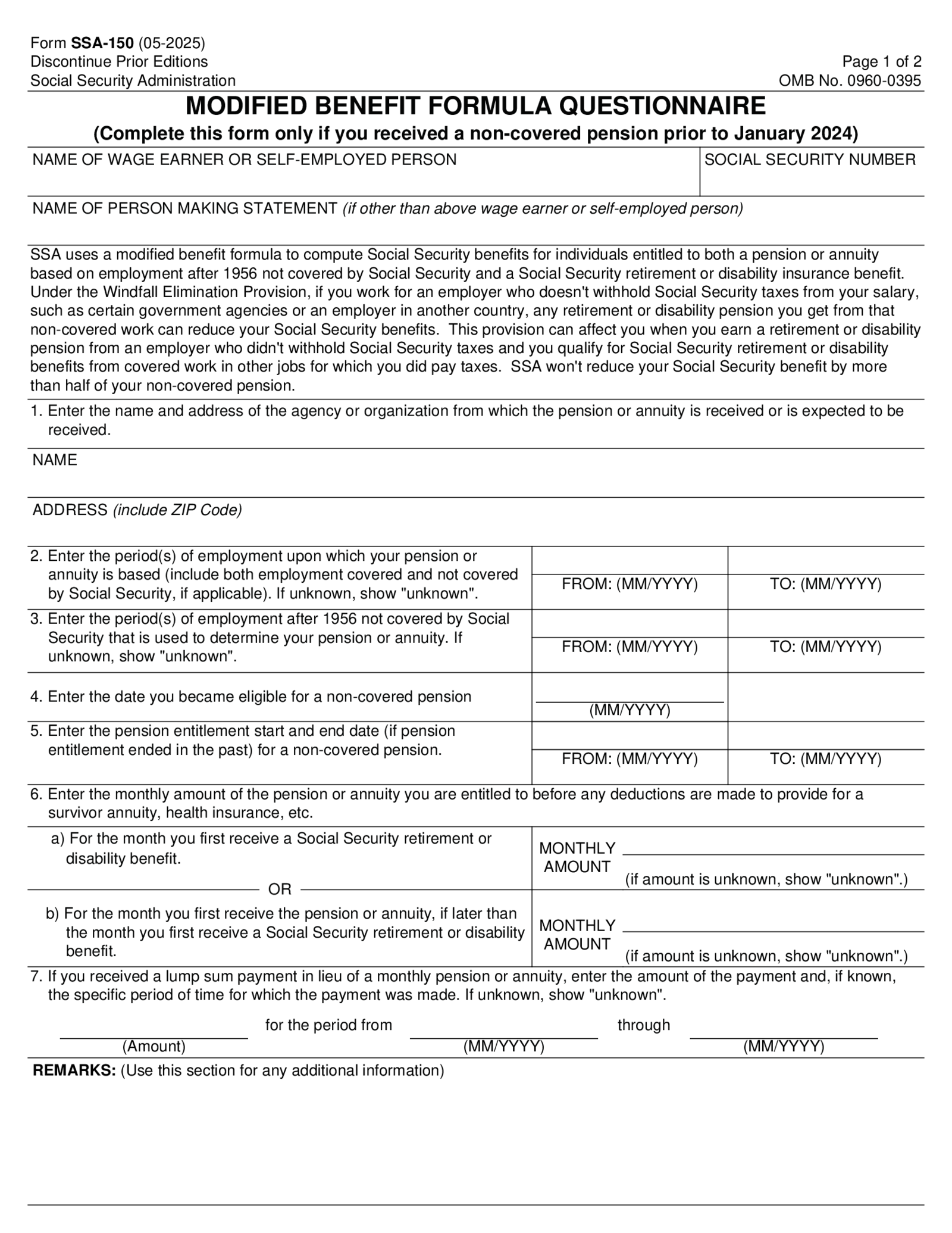 Fillable SSA-150 - Modified Benefits Formula Questionnaire - Thumbnail