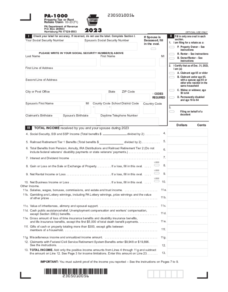 Form PA-1000, Property Tax or Rent Rebate Claim (2023)