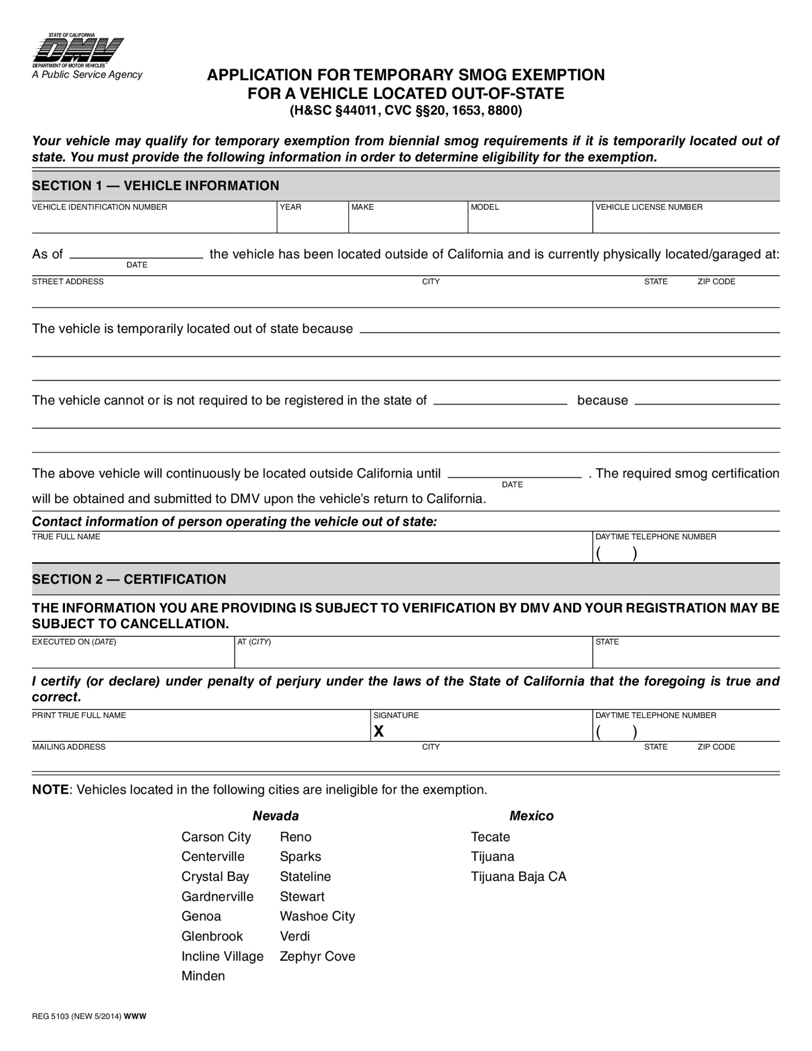 Application for Temporary Smog Exemption (REG 5103) - Thumbnail