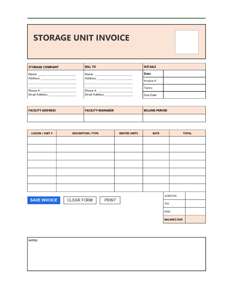 Storage Unit Invoice