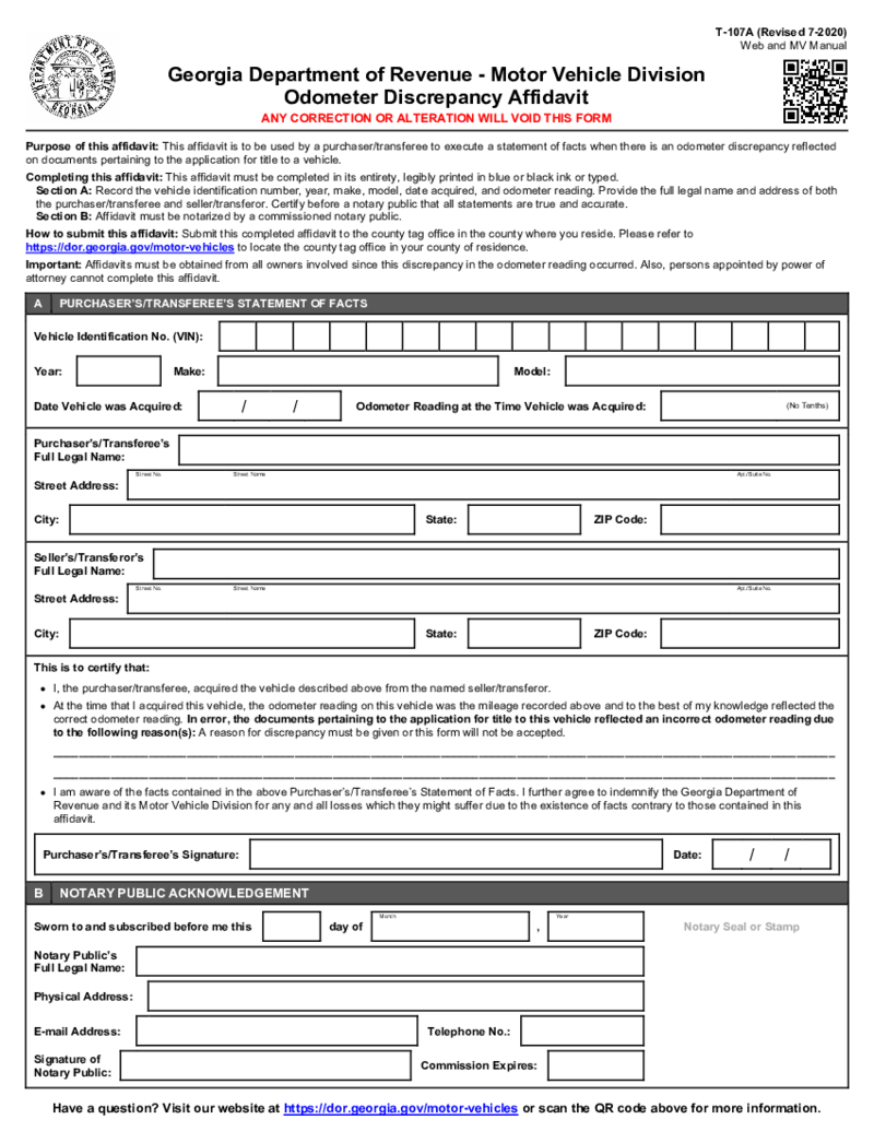 Form T-107A, Georgia Department of Revenue