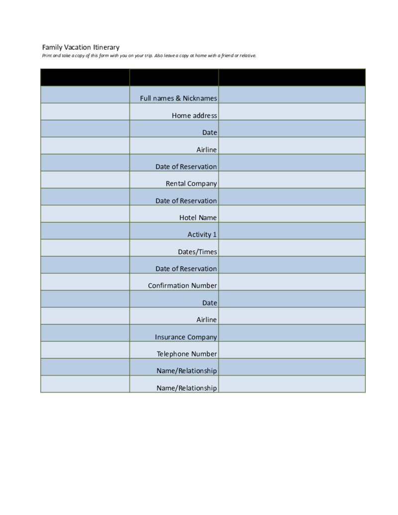 Family Vacation Itinerary Template