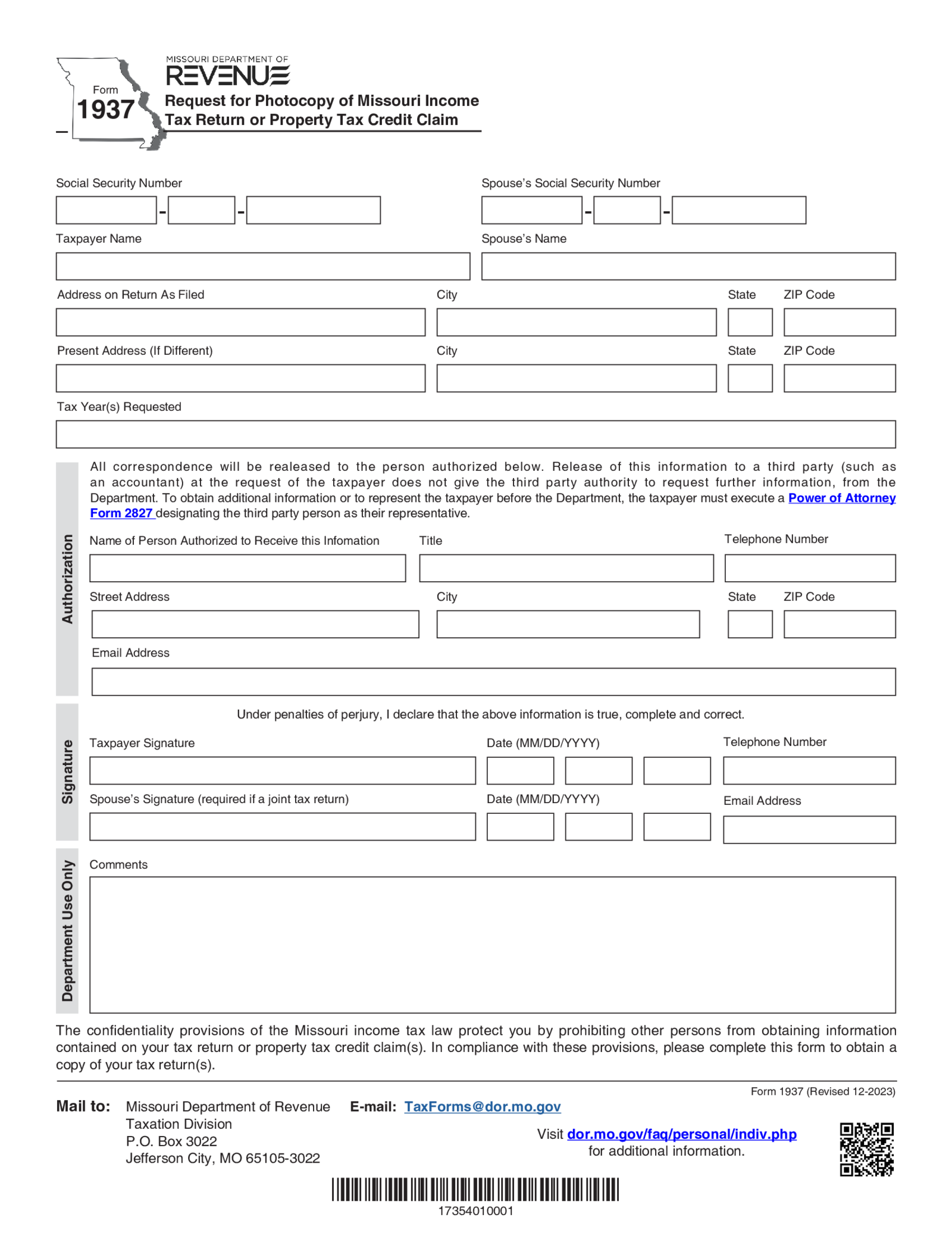 Form 1937 - Request for Photocopy of Missouri Income Tax Return - Thumbnail