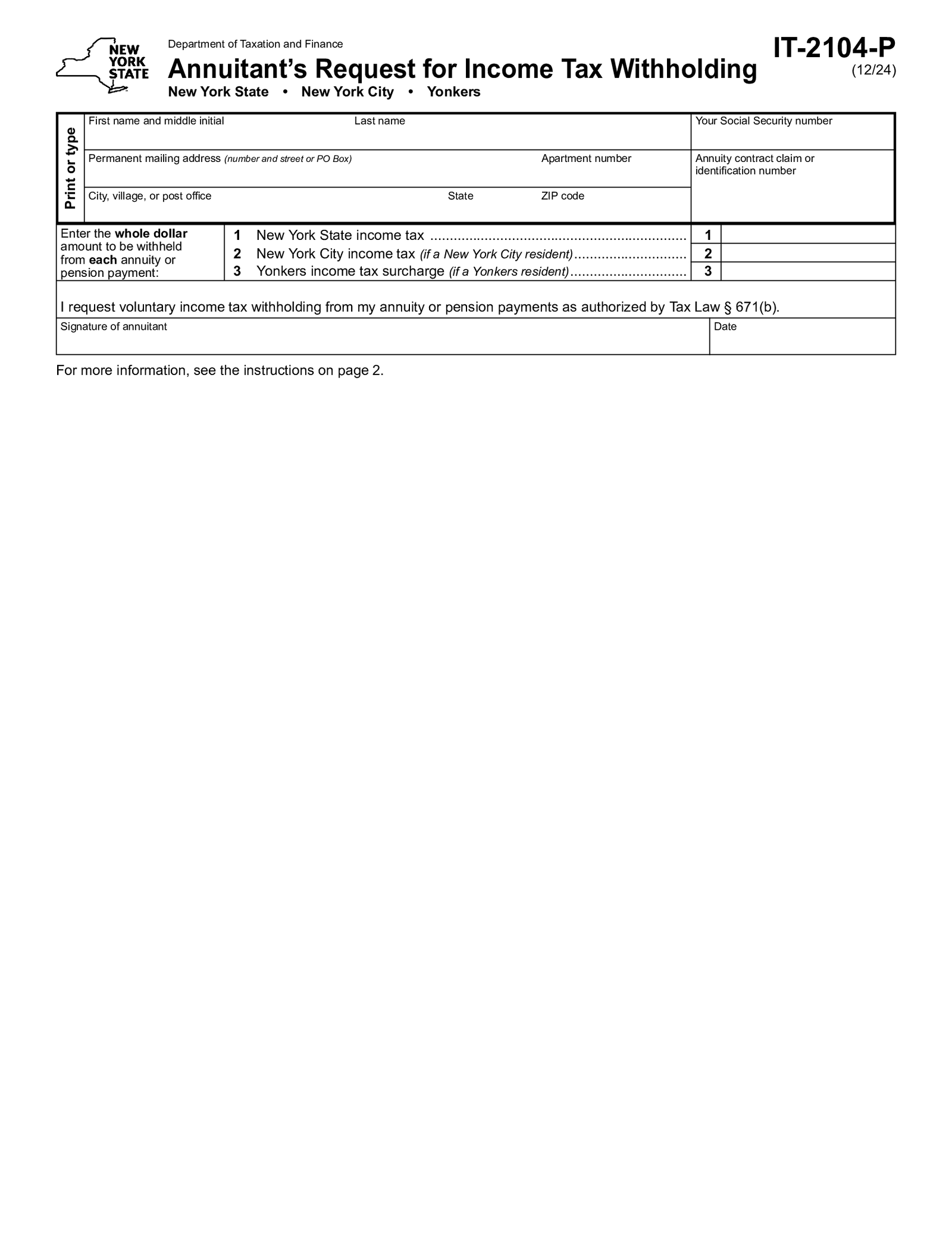 New York Form IT-2104-P - Thumbnail